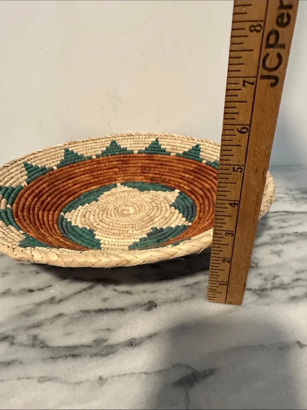 Vintage African Handwoven Decorative Wall Basket in Natural, Teal, and Brown
